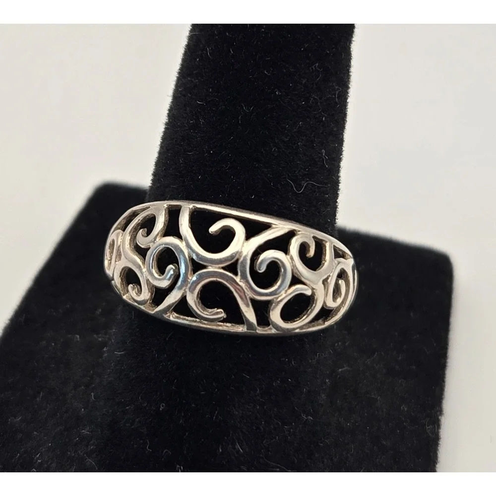Sterling Silver 925 Filigree Scroll Band Ring Sz 7.25 Romantic Boho Minimalist